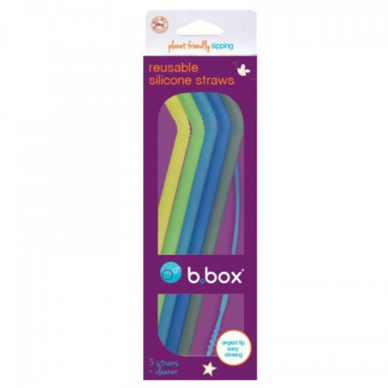 B.box Lot de 5 pailles réutilisables en silicone (5 pailles + 1 nettoyant) 3 ans et plus
