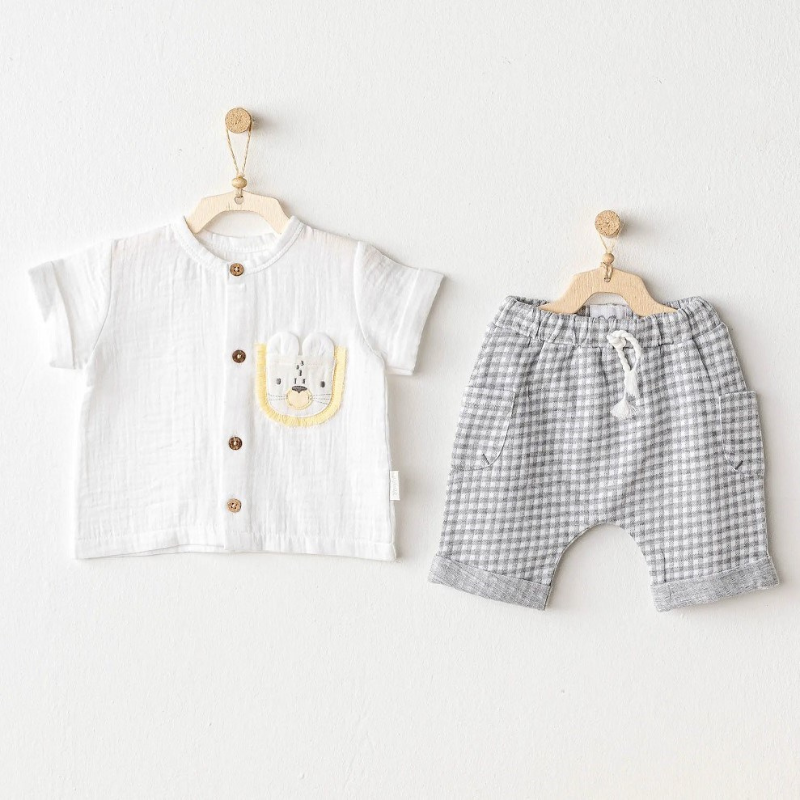 Andywawa Ensemble de 2 chemisiers et shorts en mousseline pour bébé garçon d&#039;été Little King Blanc