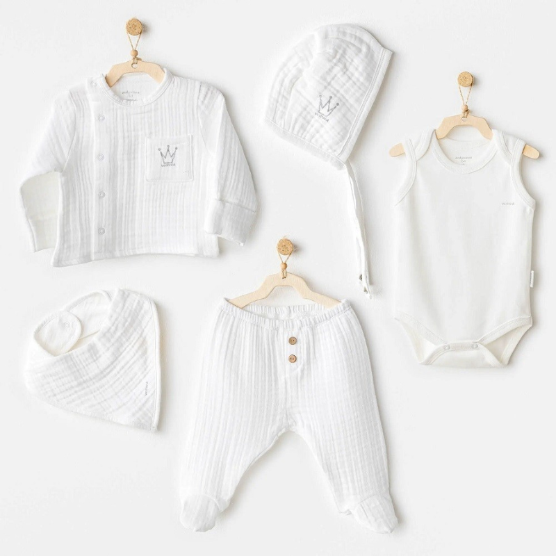 Ensemble de sortie d&#039;hôpital 5 pièces en mousseline pour bébé garçon Andywawa, blanc