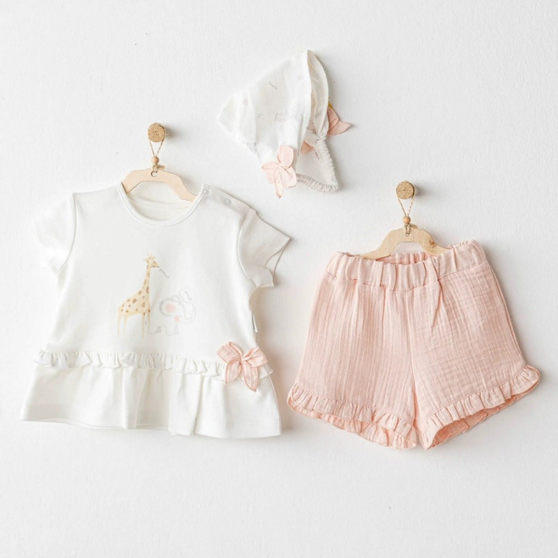Ensemble 3 pièces d&#039;été pour bébé fille Andywawa : t-shirt, short et chapeau – Rose