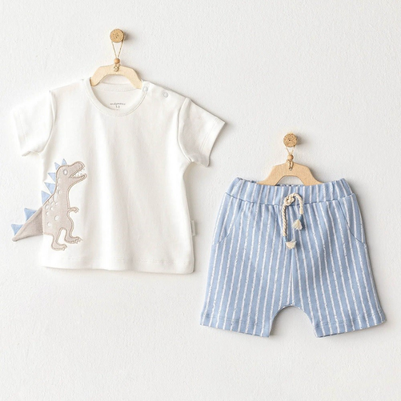 Andywawa Lot de 2 t-shirts et shorts d&#039;été à manches courtes pour bébé garçon -dinosaure - Bleu