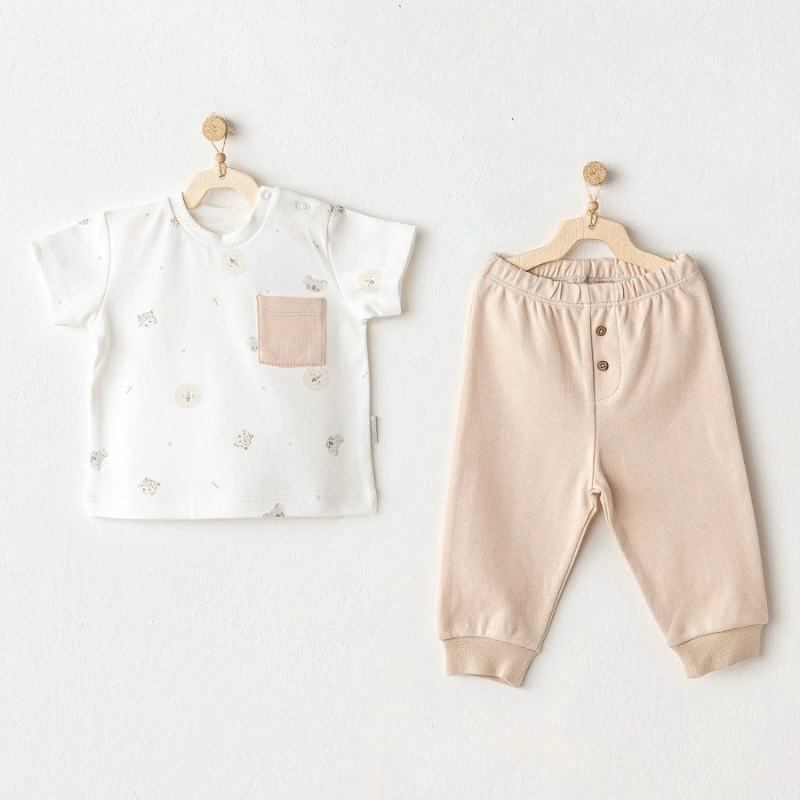 Andywawa Lot de 2 t-shirts et pantalon d&#039;été à manches courtes pour bébé garçon - Happy Animals - Crème