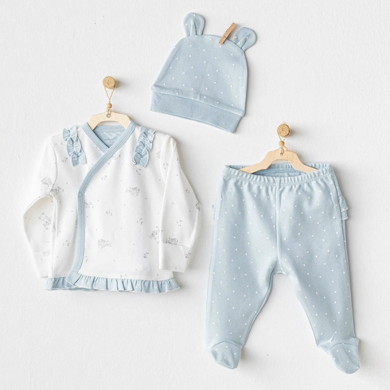 Ensemble Bébé 3 Pièces – Haut Croisé, Pantalon à Pieds et Bonnet à Oreilles – Andywawa - Bleu et Blanc
