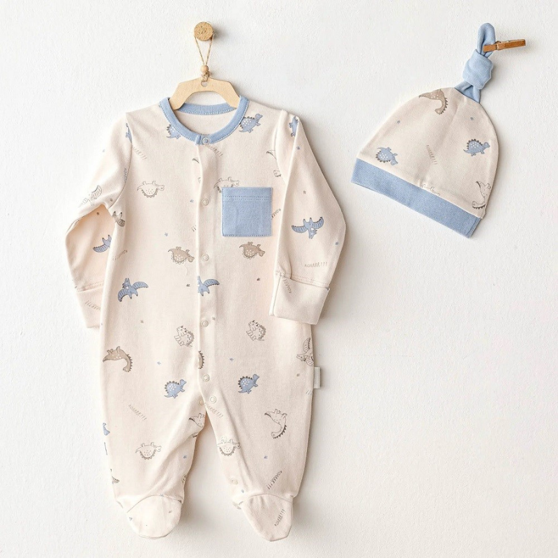 Andywawa Ensemble 2 pièces barboteuse, chapeau et combinaison d&#039;été pour bébé garçon - Bleu dinosaure