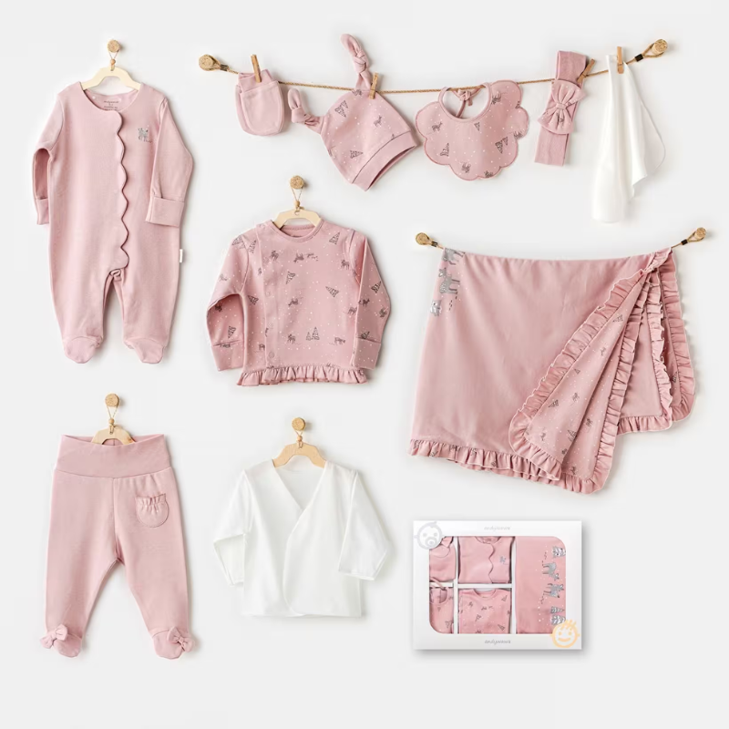 Andywawa Coffret nouveau-né  10 pièces de sortie d&#039;hôpital pour Fille - motif Gazelle Rose