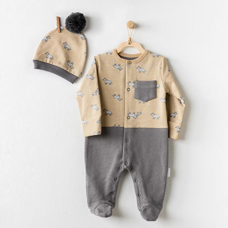 Ensemble salopette et chapeau Petit Zèbre Beige et Gris - Andywawa