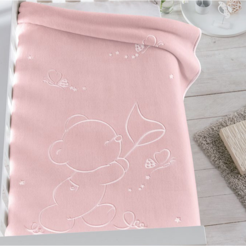 Couverture bébé rose 110 x 140 cm, modèle 6654, motif ours en peluche
