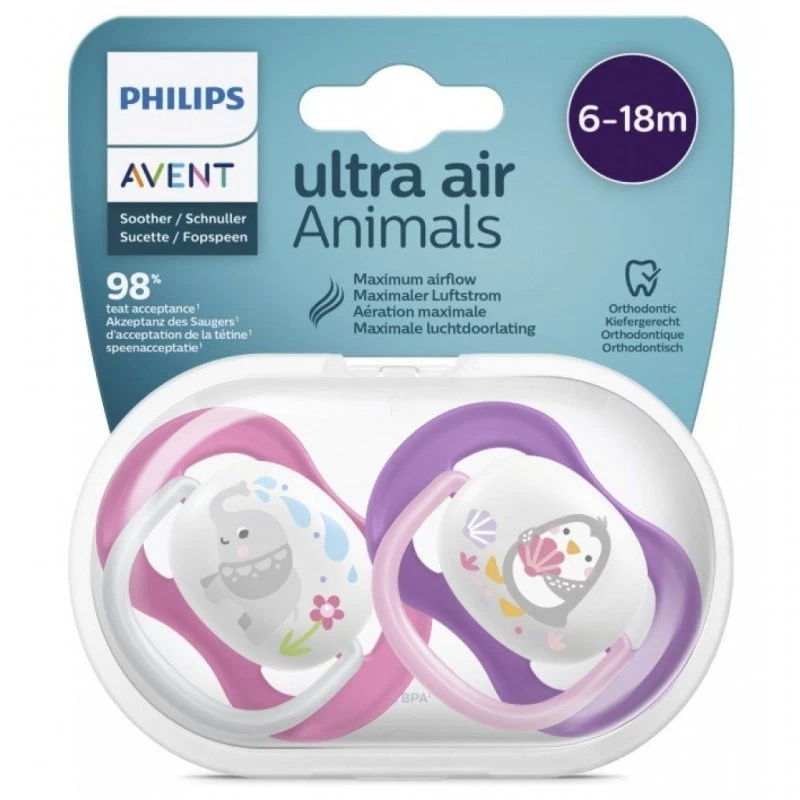 xx Avent Philips Sucette Ultra Air Animal 6-18 Mois Fille 2 Pièces