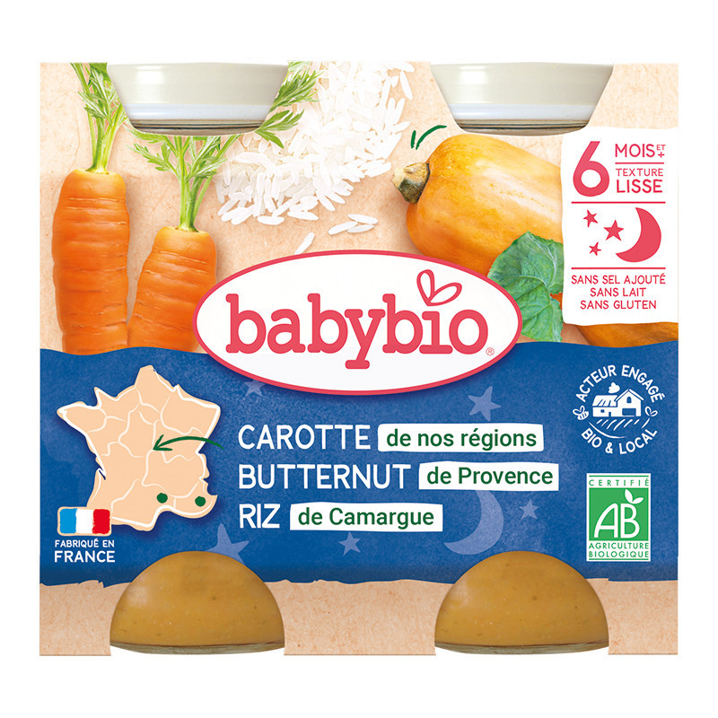 xx Babybio Carotte de nos régions Butternut de Provence Riz de Camargue Petits pots 2x200g