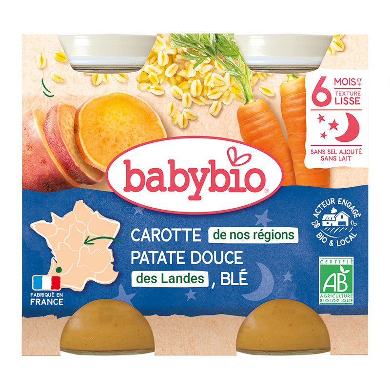 xx Babybio Carotte de nos régions Patate douce des Landes Blé Petits pots 2x200g