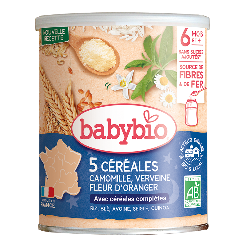 xx Babybio Mélange 5 céréales avec verveine, fleur d'oranger et camomille bio 6M+ 220g