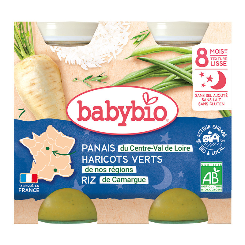 xx Babybio Panais du Centre-Val de Loire Haricots verts de nos régions Riz de Camargue Petits pots 2x200g