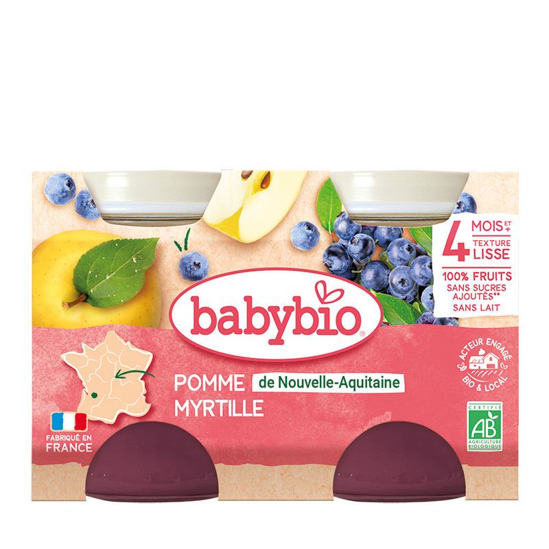 xx Babybio Petit pots sucrés Pomme de Nouvelle-Aquitaine & Myrtille  2x130g