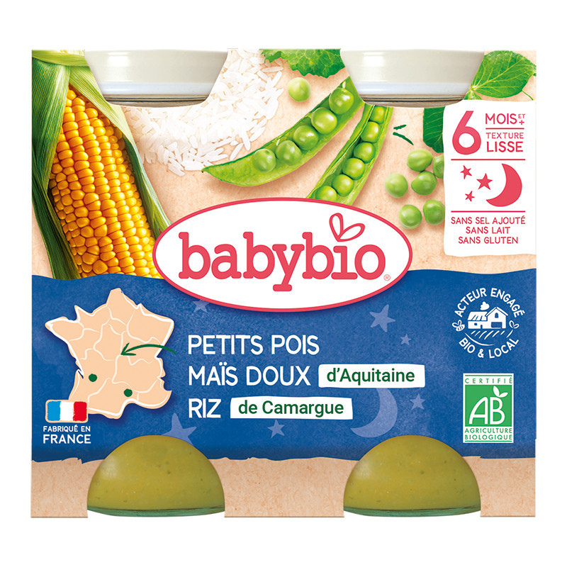xx Babybio Petits pois Maïs doux d'Aquitaine Riz de Camargue Petits pots 2x200g