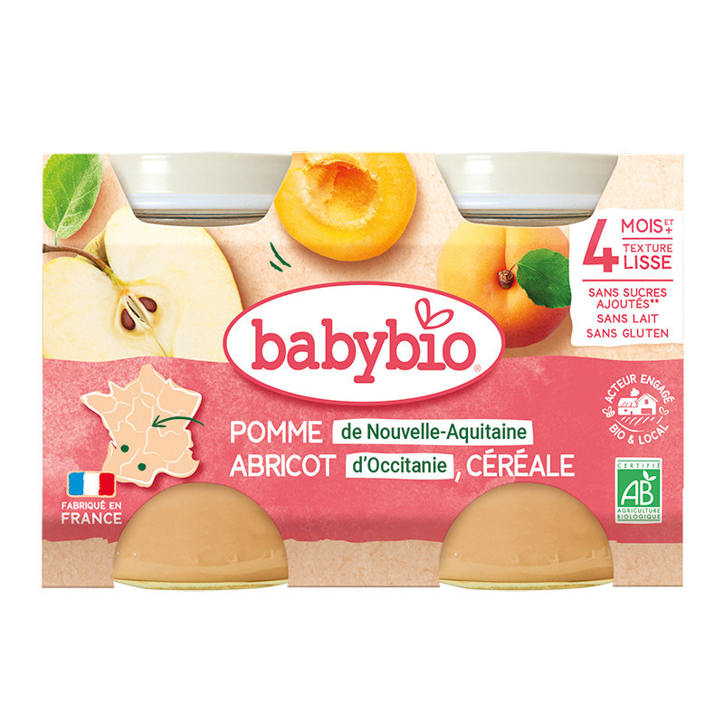 xx Babybio Pomme De Nouvelle-Aquitaine Abricot d'Occitanie Céréale Petits pots 2x130g
