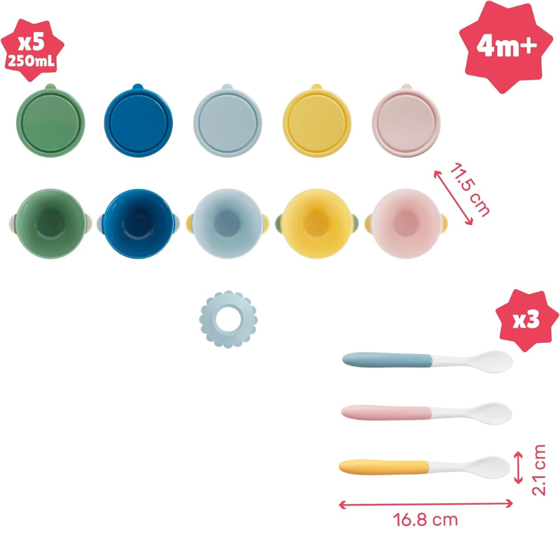 Badabulle Lot de 5 bols ventouse antidérapants 330ml et 3 cuillères 1er âge souples