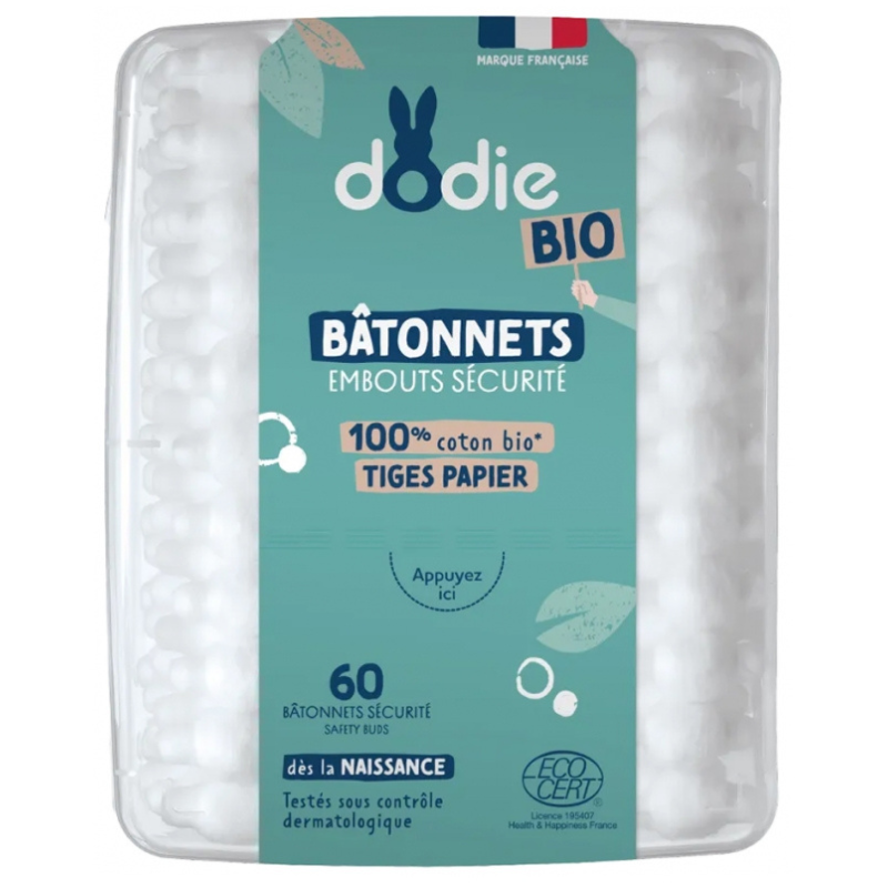 xx Bâtonnets Embouts Sécurité 100% Coton Bio 60 Bâtonnets