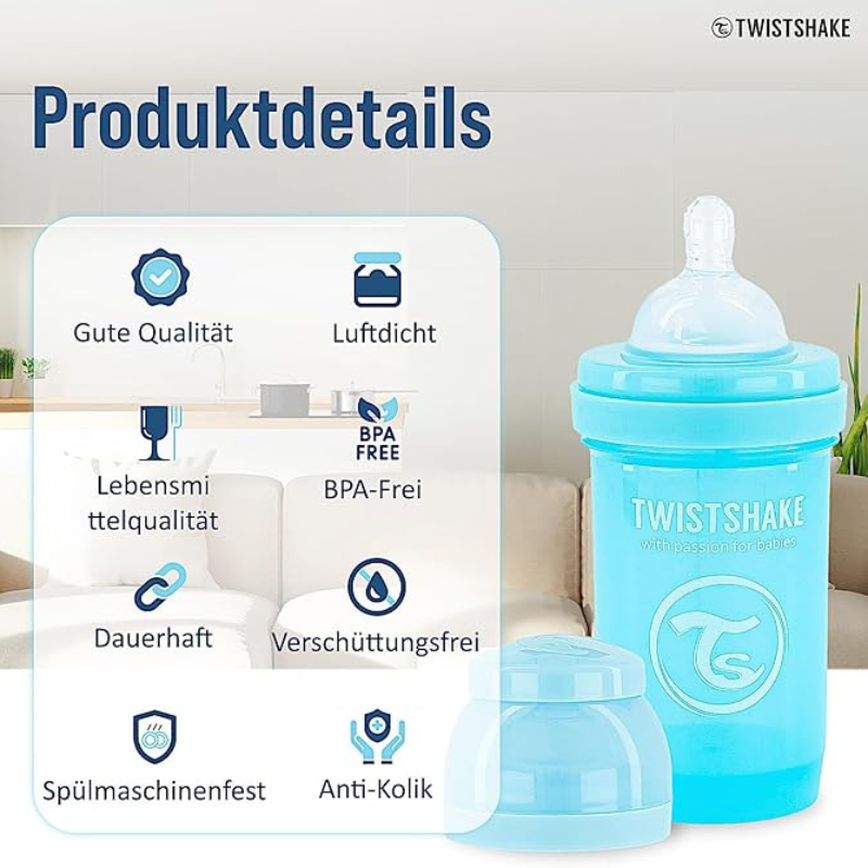 Biberons Anti-Coliques Twistshake 180ml – Lot de 2 – Bleu– 2m+