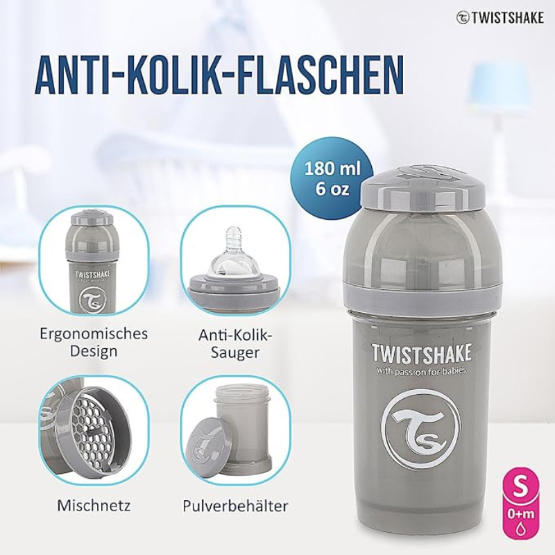 Biberons Anti-Coliques Twistshake 180ml – Lot de 2 – Gris – 2m+