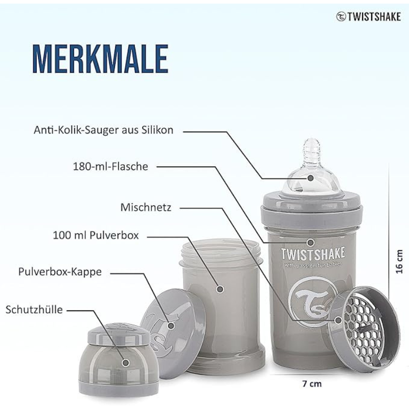 Biberons Anti-Coliques Twistshake 180ml – Lot de 2 – Gris – 2m+