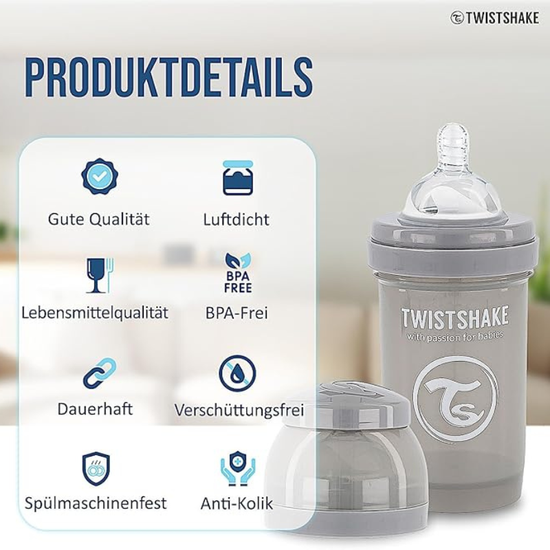 Biberons Anti-Coliques Twistshake 180ml – Lot de 2 – Gris – 2m+