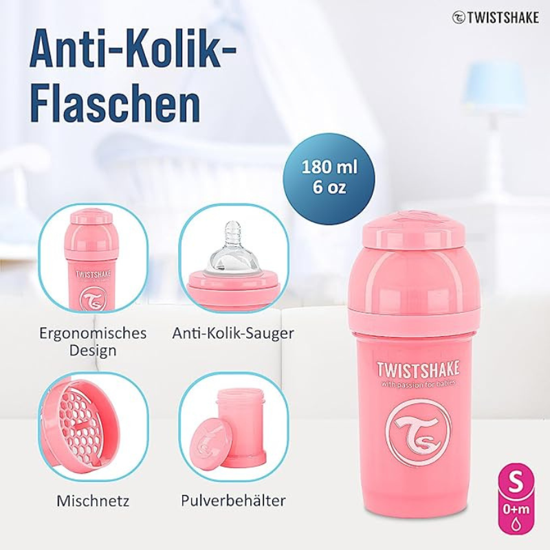 Biberons Anti-Coliques Twistshake 180ml – Lot de 2 – Rose – 2m+