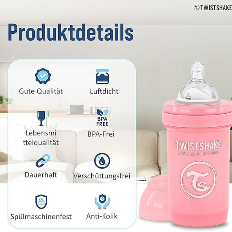 Biberons Anti-Coliques Twistshake 180ml – Lot de 2 – Rose – 2m+