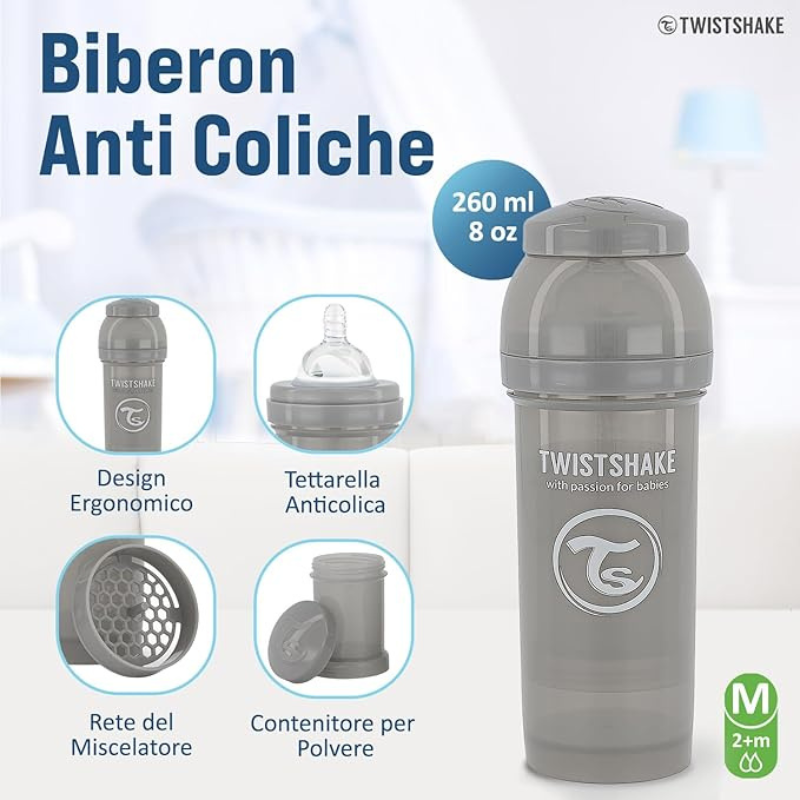 Biberons Anti-Coliques Twistshake 260ml – Lot de 2 – Gris – 2m+