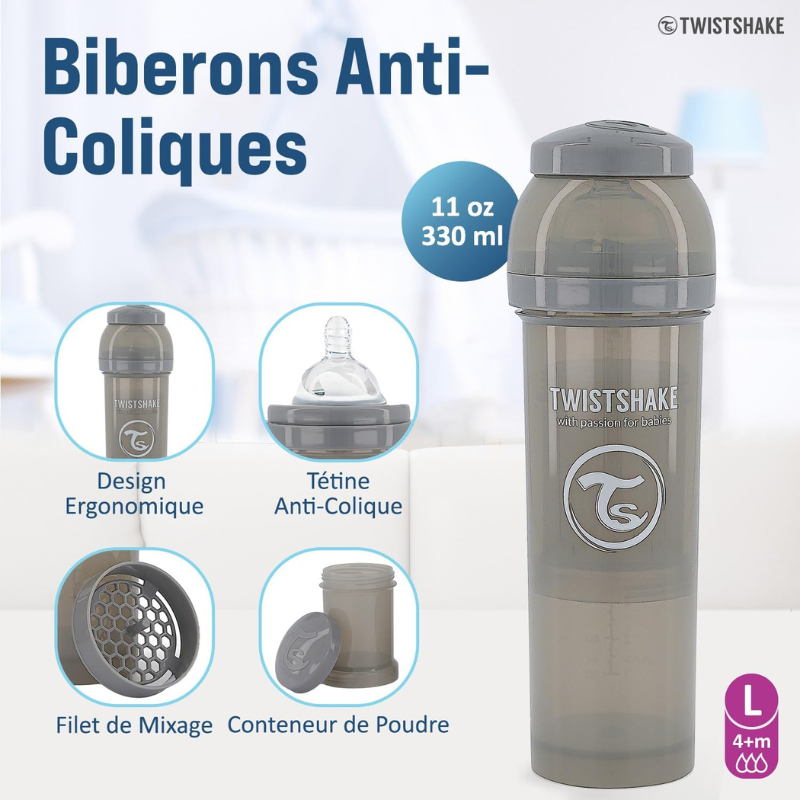 Biberons Anti-Coliques Twistshake 330ml – Lot de 2 – Gris – 2m+Biberons Anti-Coliques Twistshake 330ml – Lot de 2 – Gris – 2m+