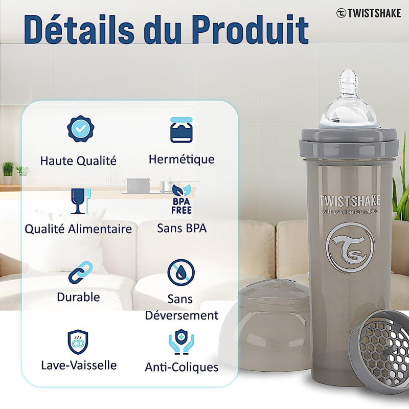Biberons Anti-Coliques Twistshake 330ml – Lot de 2 – Gris – 2m+Biberons Anti-Coliques Twistshake 330ml – Lot de 2 – Gris – 2m+