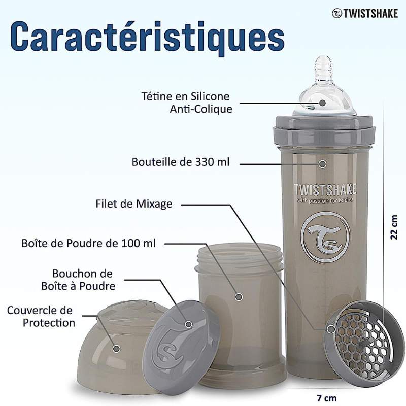 Biberons Anti-Coliques Twistshake 330ml – Lot de 2 – Gris – 2m+Biberons Anti-Coliques Twistshake 330ml – Lot de 2 – Gris – 2m+