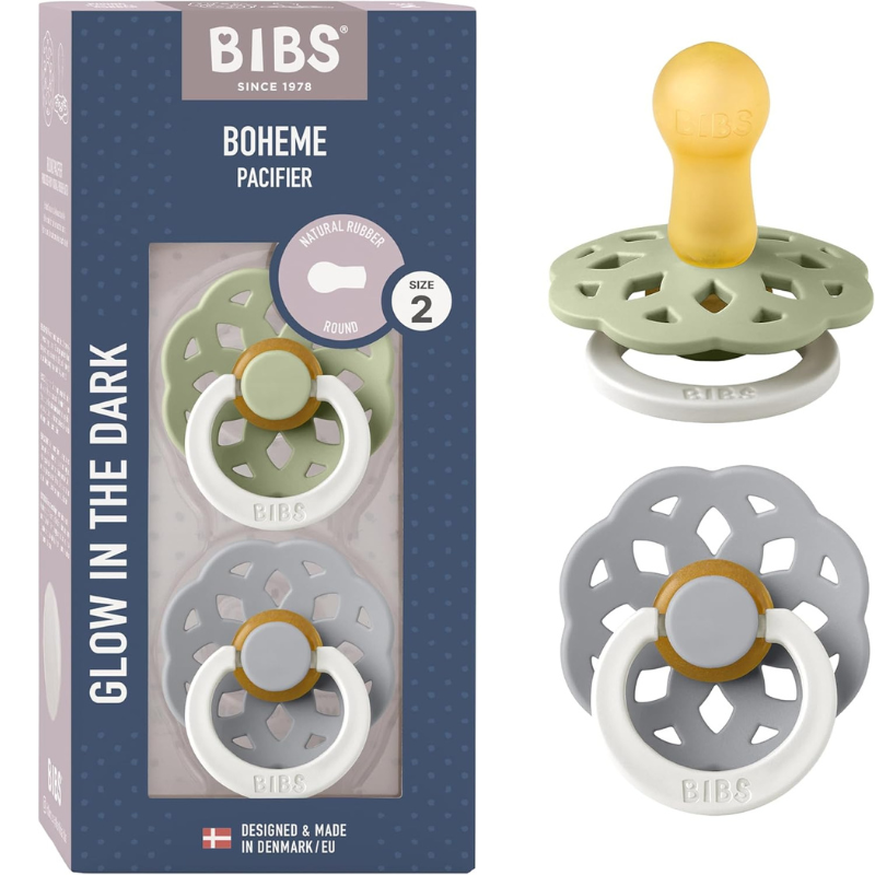 xx BIBS Lot de 2 Sucettes Bohème Nuit Rondes – Sauge/Nuage - GLOW