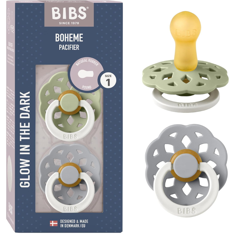 BIBS Lot de 2 Sucettes Bohème Nuit Rondes – Sauge/Nuage - GLOW
