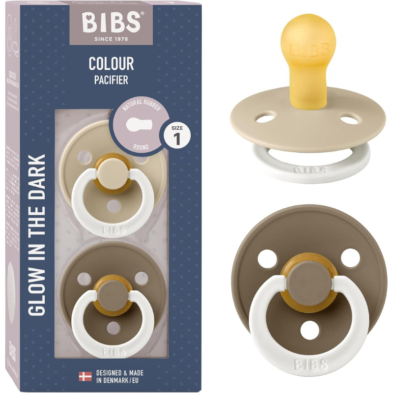 xx BIBS Lot de 2 Sucettes Nuit Rondes GLOW – Dark Oak/Vanilla