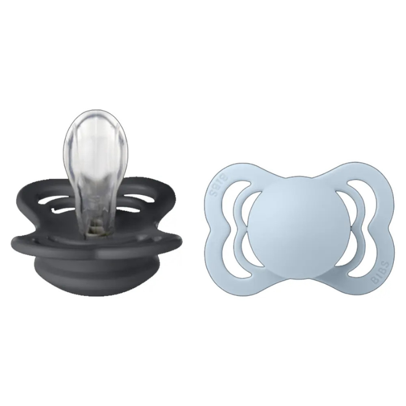 Bibs Lot de 2 Sucettes Supreme Symétrique Silicone Iron / Baby Blue
