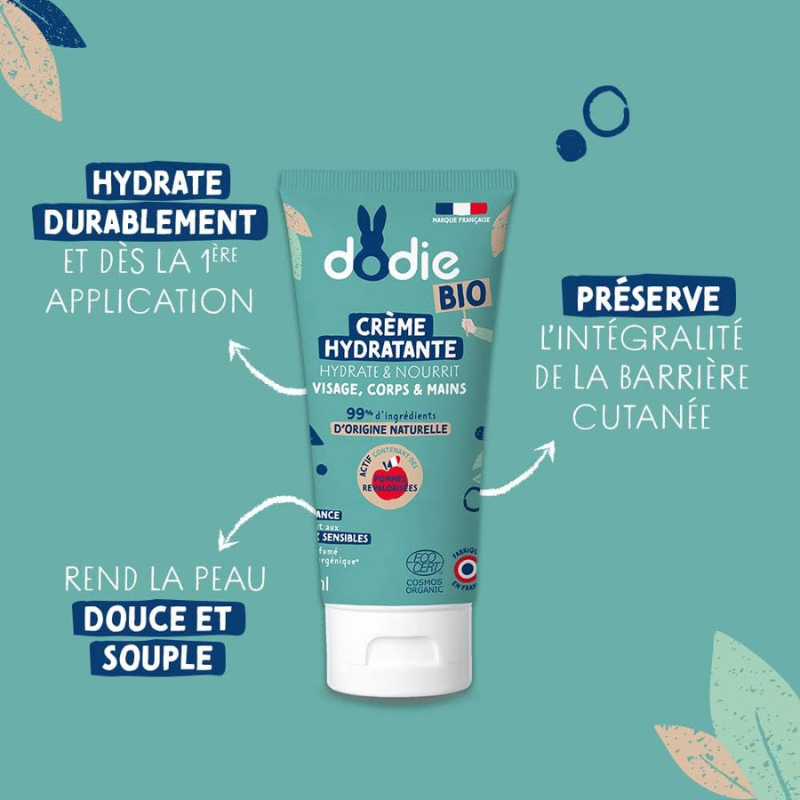 DODIE Crème Hydratante Bio - visage, corps et mains - dès la naissance - 75ml
