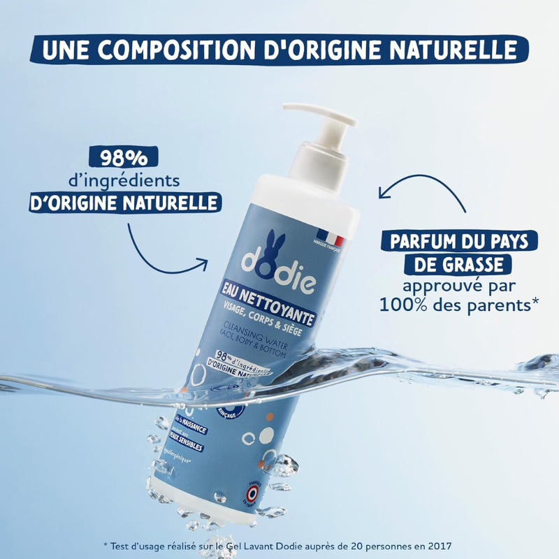 DODIE Eau nettoyante 3 en 1 (500 mL) - Nettoyant Visage, Corps et Siège – 98% d’ingrédients d’origine naturelle