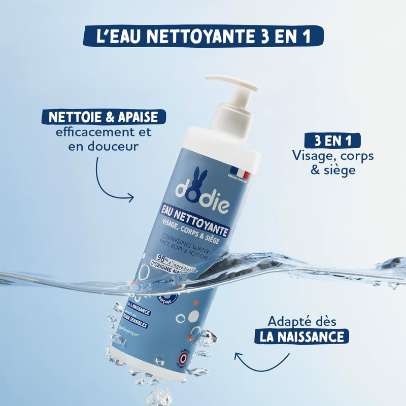 DODIE Eau nettoyante 3 en 1 (500 mL) - Nettoyant Visage, Corps et Siège – 98% d’ingrédients d’origine naturelle
