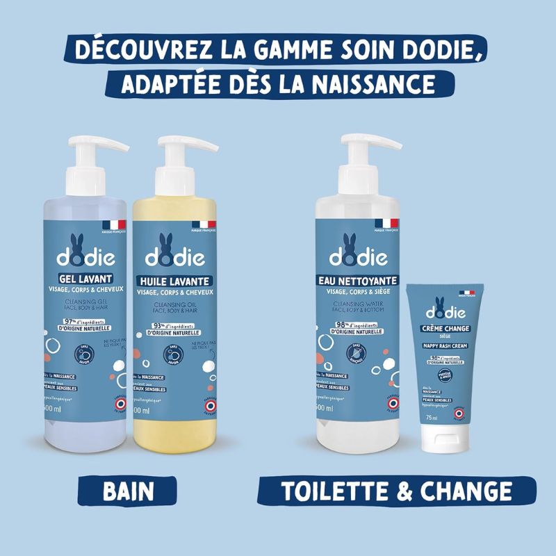 DODIE Eau nettoyante 3 en 1 (500 mL) - Nettoyant Visage, Corps et Siège – 98% d’ingrédients d’origine naturelle