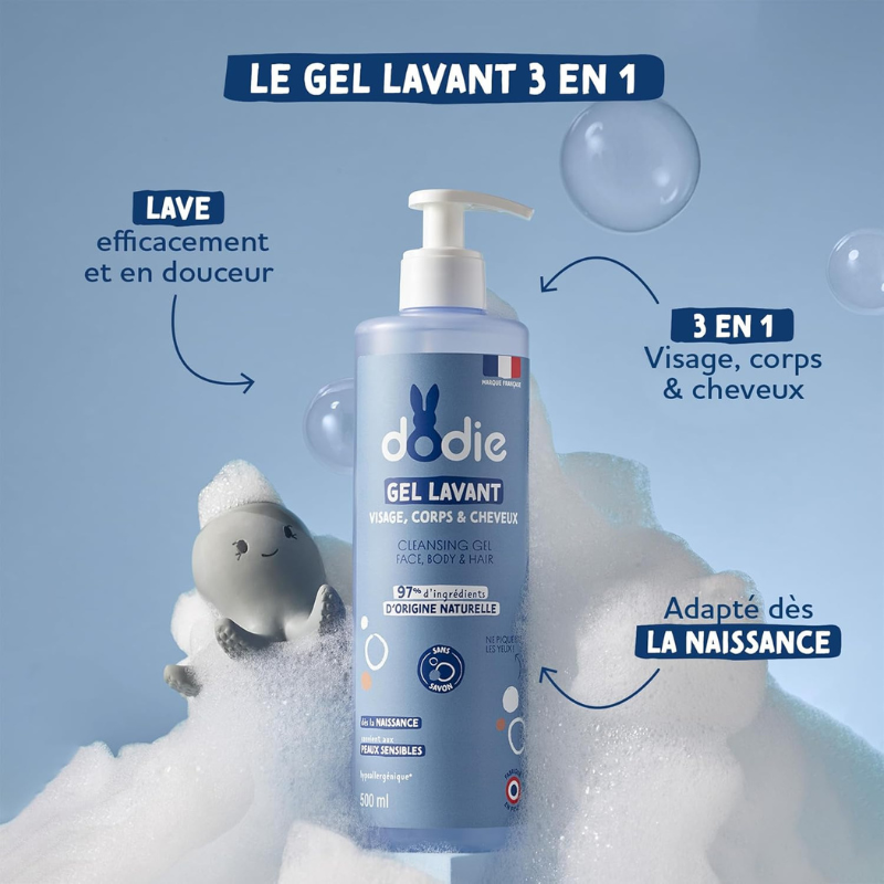 DODIE Gel Lavant 3 en 1 (500 mL) - Nettoyant Visage, Corps et Cheveux - 92% d’ingrédients d’origine naturelle