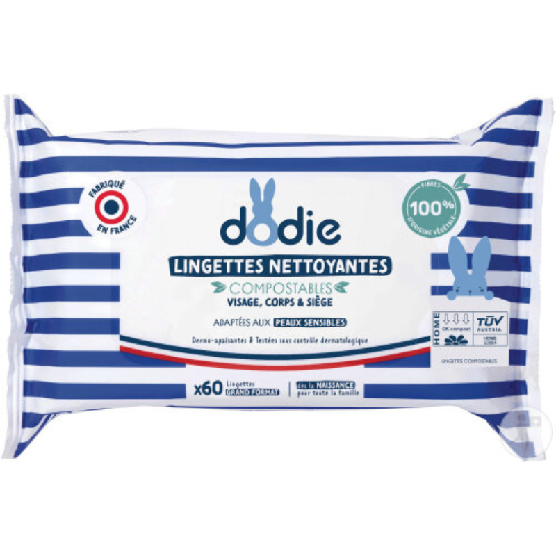 xx Dodie Lingettes Nettoyantes Compostables 3-En-1 Peaux Sensibles 60 Pièces