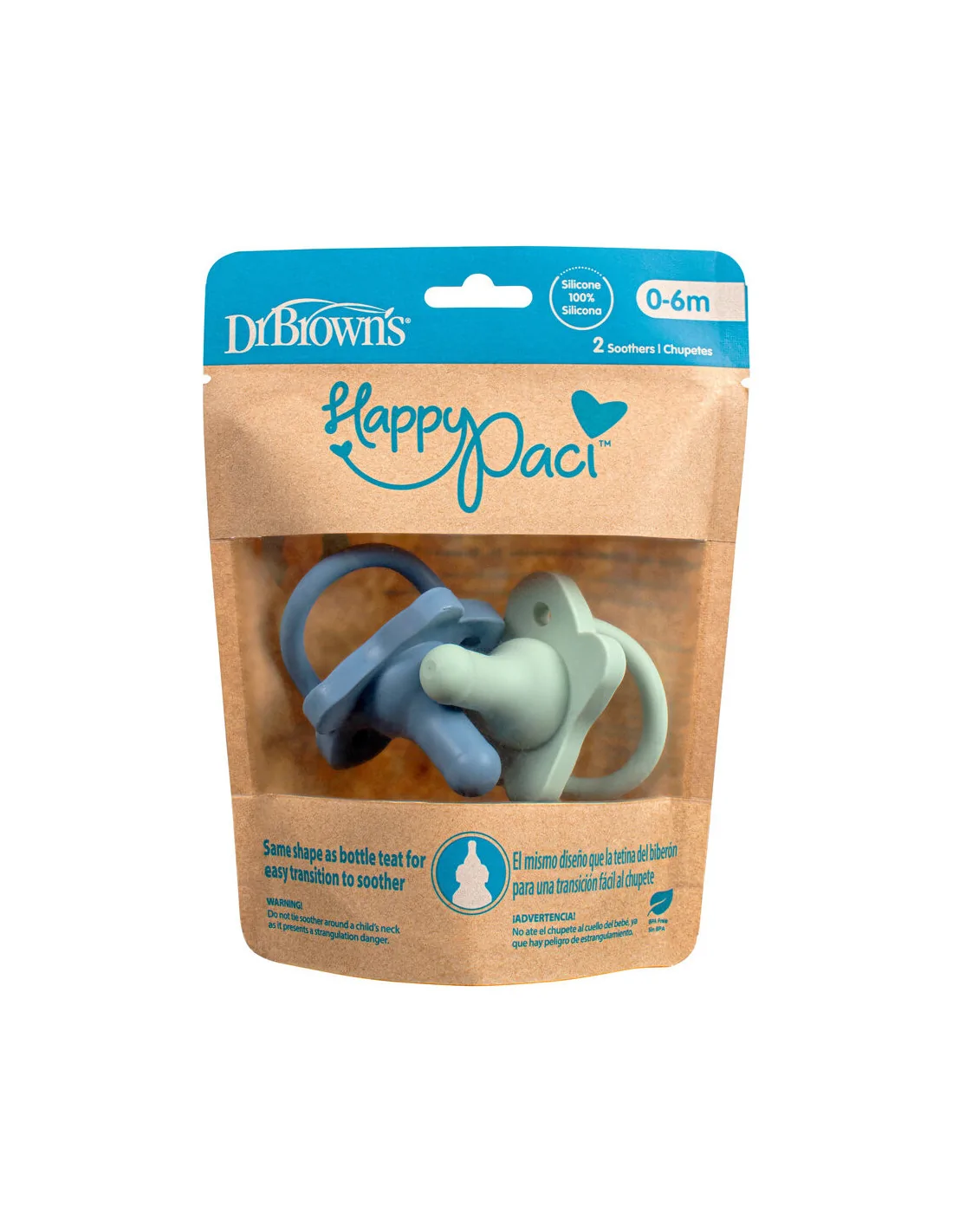 xx Dr. Browns Sucette en silicone 0-6 mois HappyPaci Bleu et  Vert