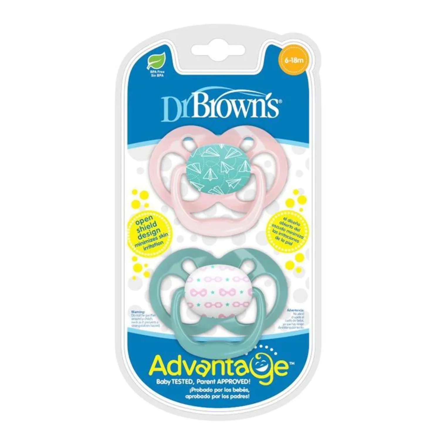 xx Dr.Brown’s Lot de 2 sucettes Symétriques Advantage Rose/Vert 6-18mois