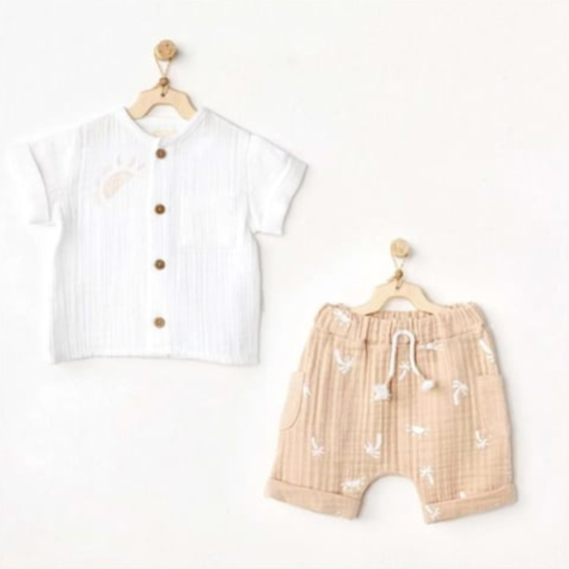 Ensemble Bébé en Mousseline 2 Pièces Blanc et Beige AC24517 – Andywawa