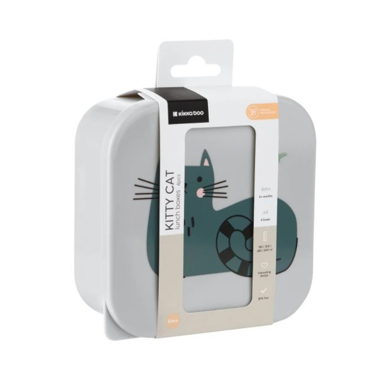 KikkaBoo Lot de 4 boîtes à lunch Kitty Cat Gris