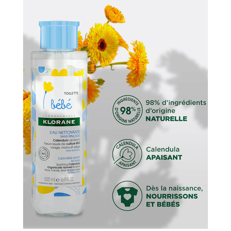 Klorane Bébé Eau nettoyante sans rinçage au Calendula apaisant - 500ml