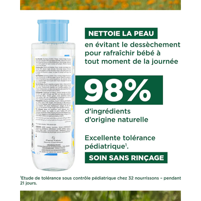 Klorane Bébé Eau nettoyante sans rinçage au Calendula apaisant - 500ml