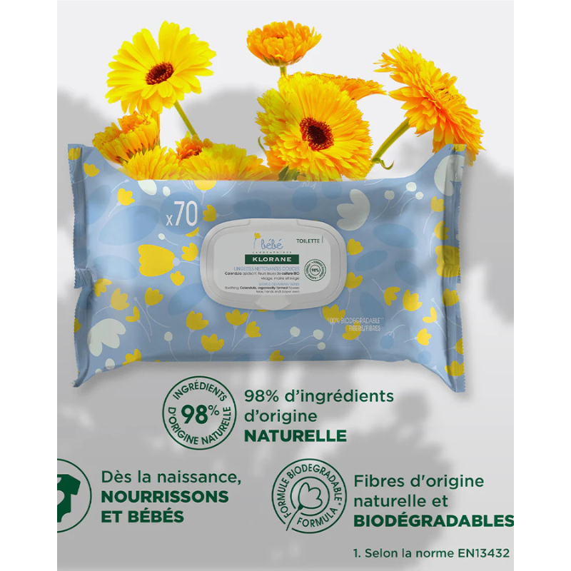 Klorane Bébé Lingettes nettoyantes douces pour le corps au Calendula apaisant - 70 Unités