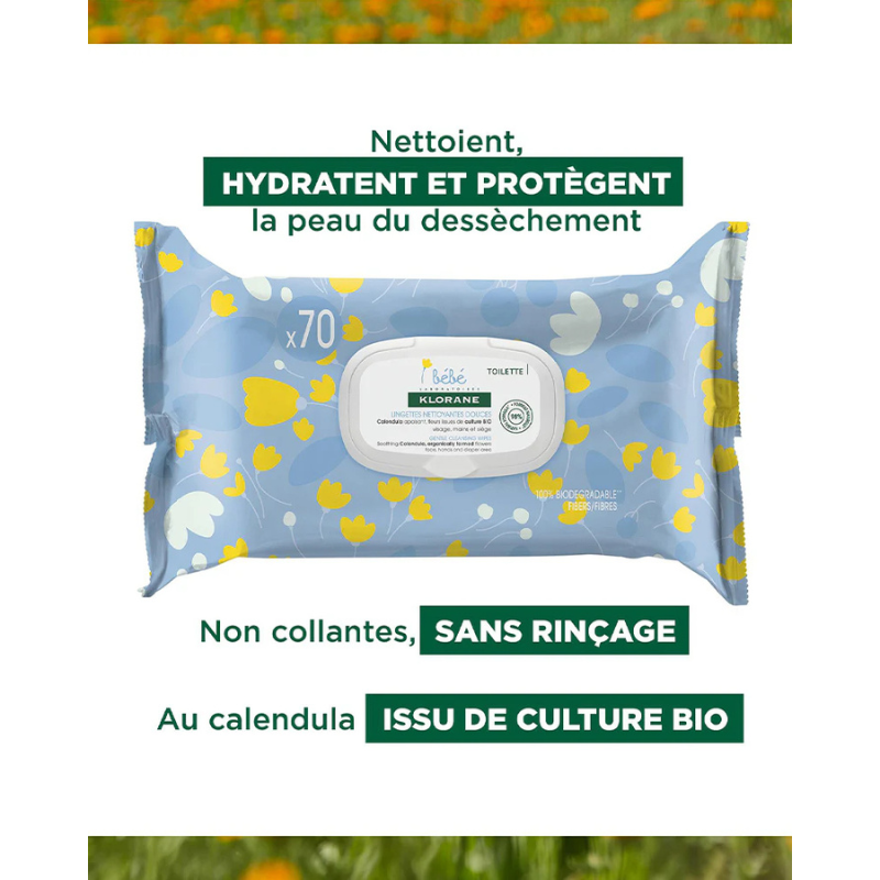 Klorane Bébé Lingettes nettoyantes douces pour le corps au Calendula apaisant - 70 Unités