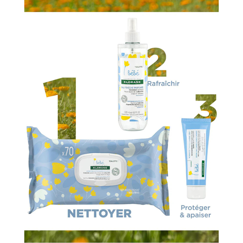 Klorane Bébé Lingettes nettoyantes douces pour le corps au Calendula apaisant - 70 Unités